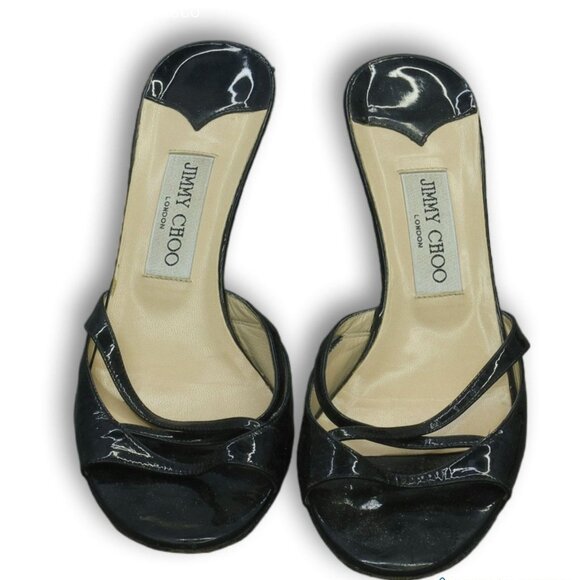 Jimmy Choo Black Patent Leather Kitten Heel Sandals – Size 37.5 - Picture 1 of 7